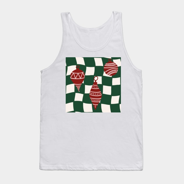 Abstract Checker Board with Christmas Tree Ornaments Cranberry Red and Forest Green Tank Top by JuneNostalgia